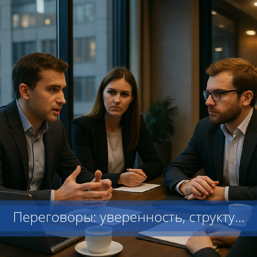 Готовый тренинг переговоров «Переговоры: уверенность, структура, влияние». Цели: научить участников понимать и применять структуру эффективных переговоров; развить навык ведения диалога в условиях давления, конфликта и сопротивления; повысить уверенность участников в собственных переговорах; помочь распознать и заменить ограничивающие установки, мешающие влиять и отстаивать свою позицию. Время: 3 часа. Число участников: любое. Для тренингов: тренинги переговоров Готовый тренинг переговоров «Переговоры: уверенность, структура, влияние»
